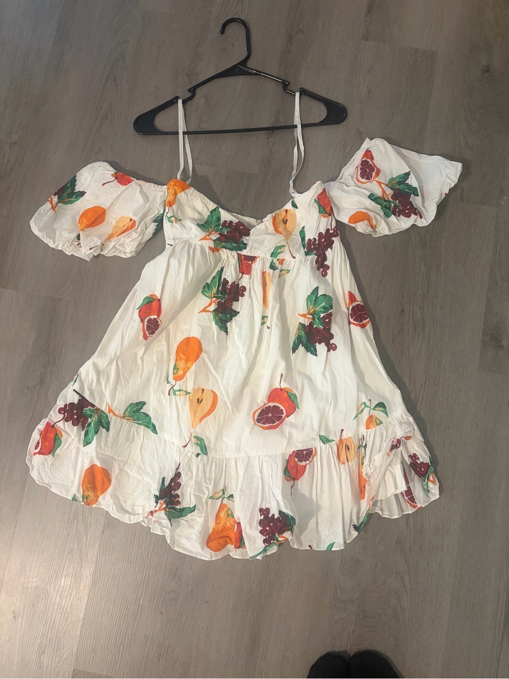 White Off-Shoulder Fruit Print Mini Dress